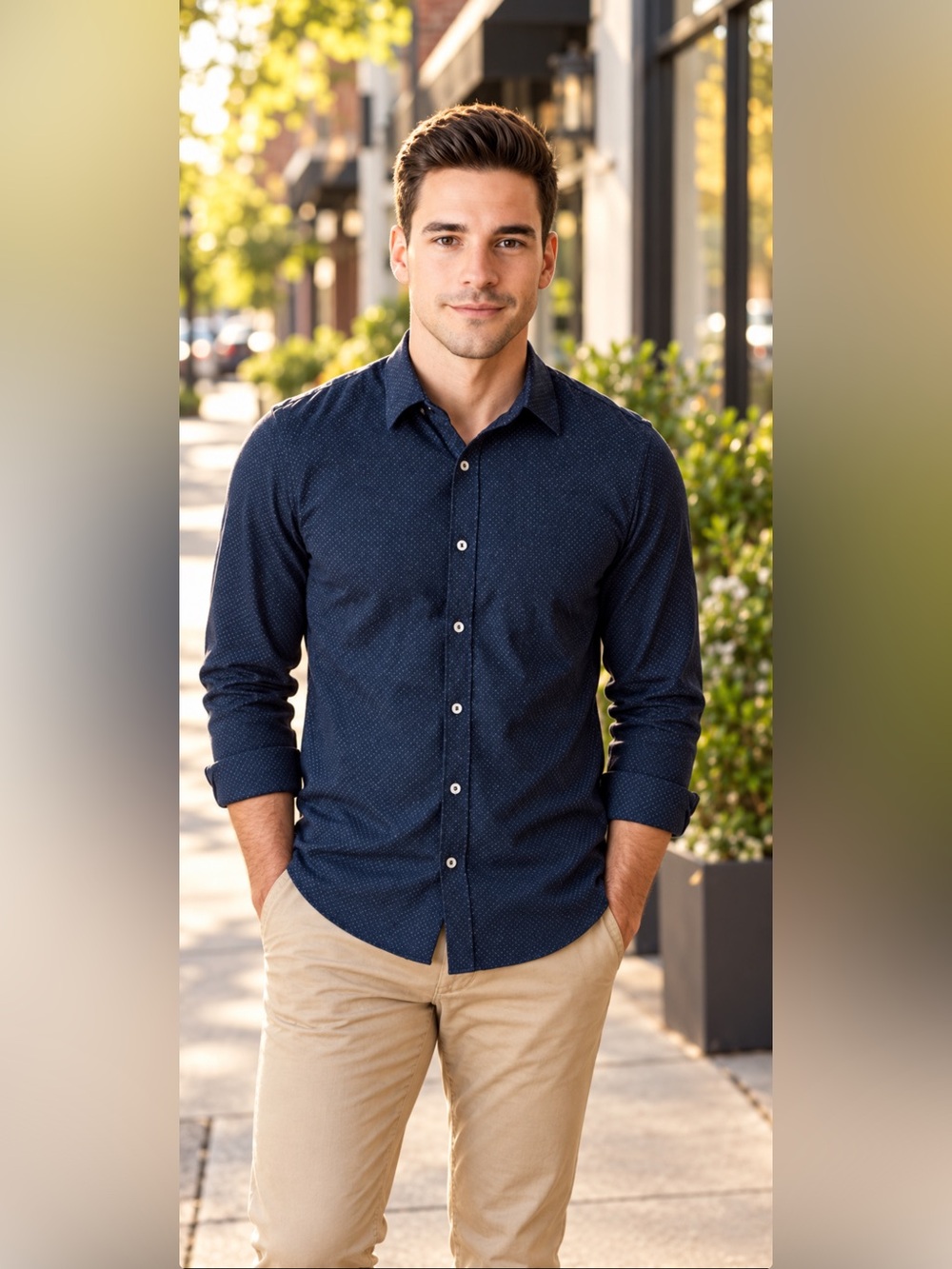 American Eagle Outfitters Navy Dot-Print Long Sleeve Shirt